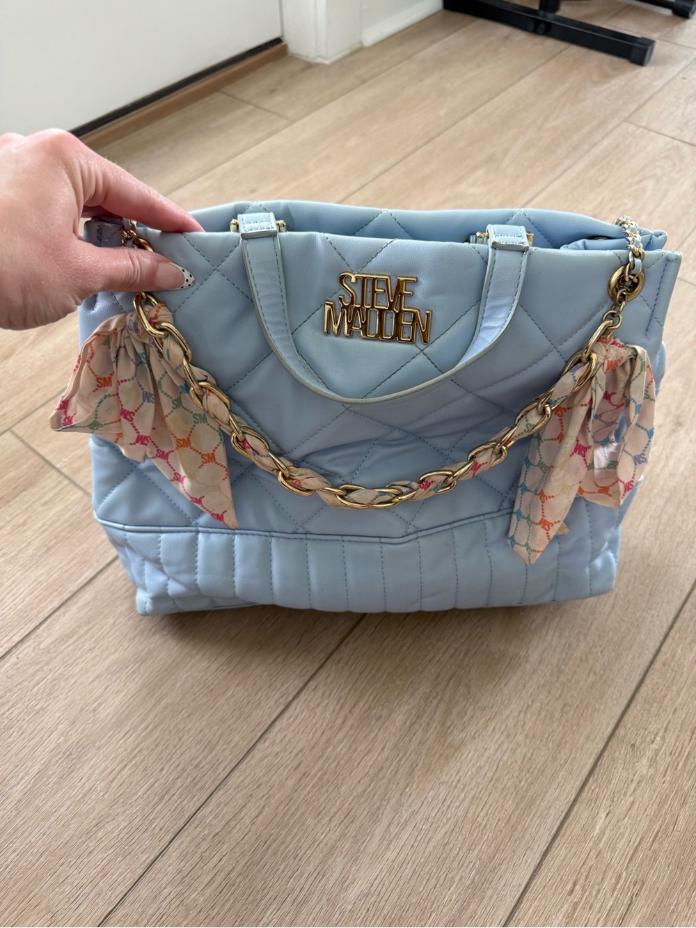 Steve Madden Light Blue Quilted Tote with Gold Chain